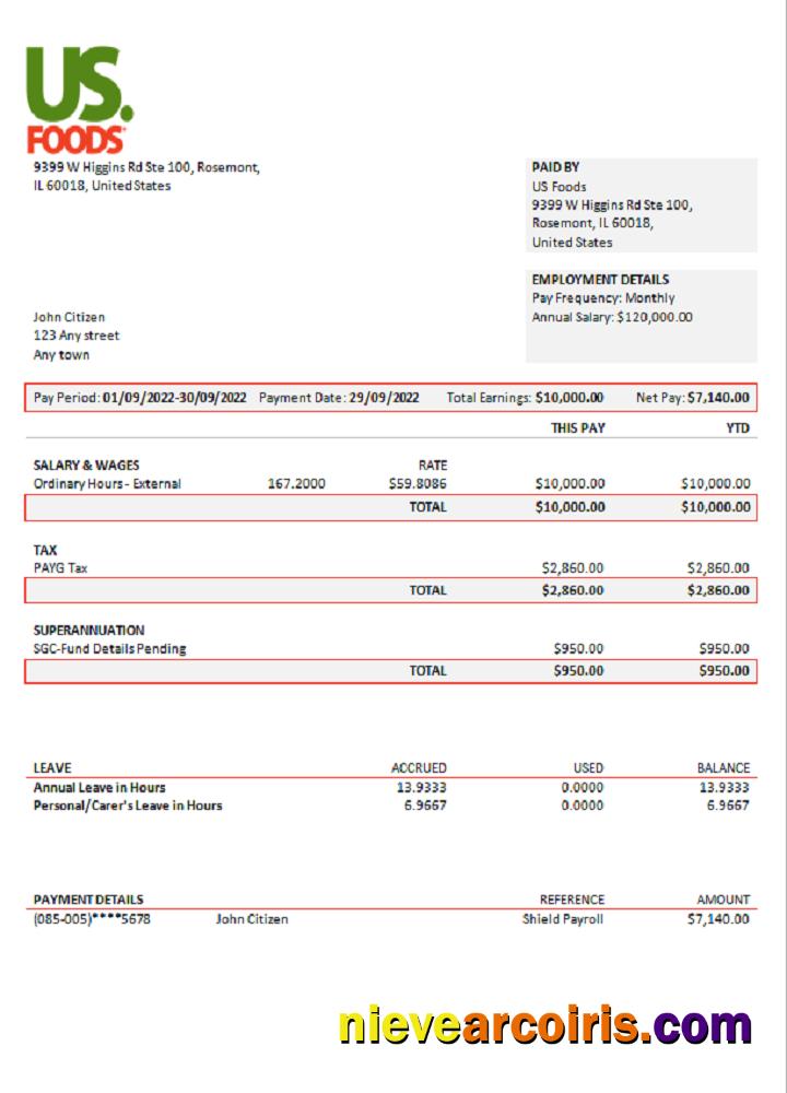 USA US Foods food distribution company pay stub